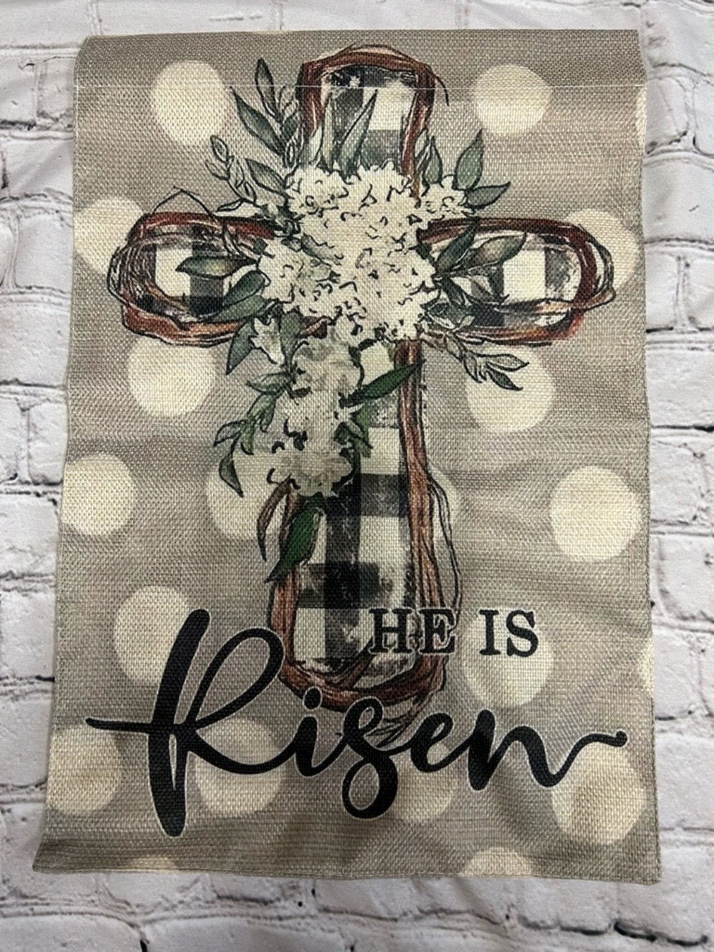 Neutral Polka Dot Cross He Is Risen Garden Flag